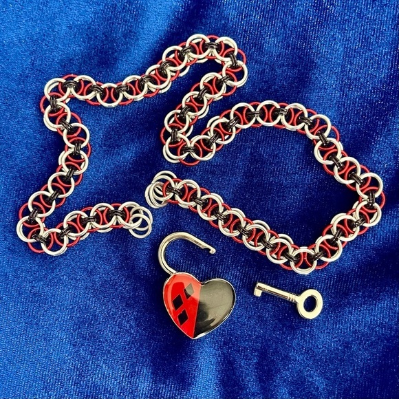 Padlock chainmail 16" necklace with key|Harley Quinn inspired|custom|hand made​​ - Picture 2 of 11